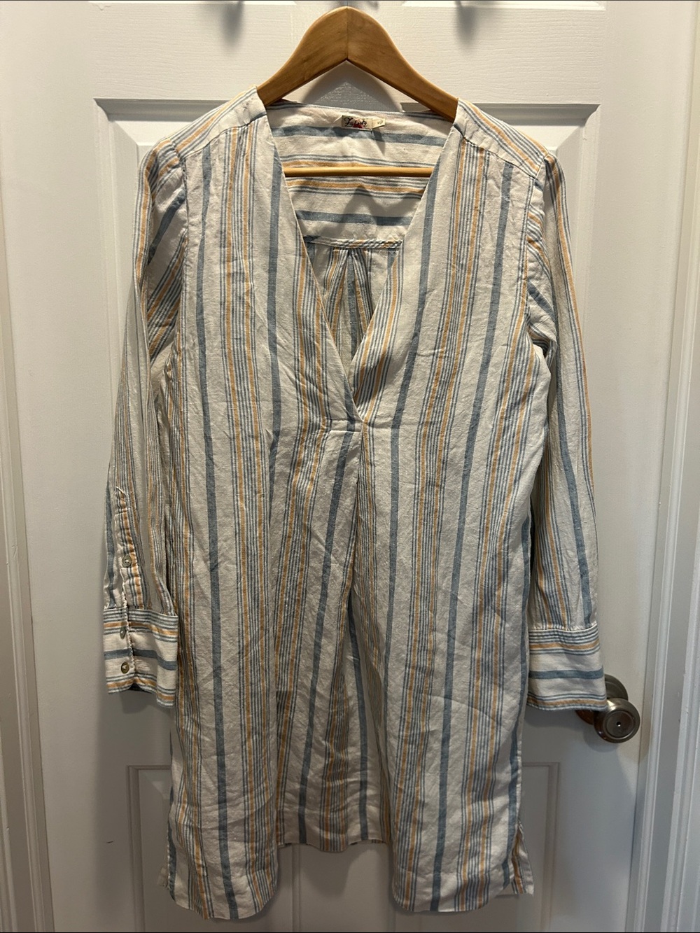 Faherty Striped V-Neck Linen Dress in White, Light Blue, Tan - Picture 5 of 10